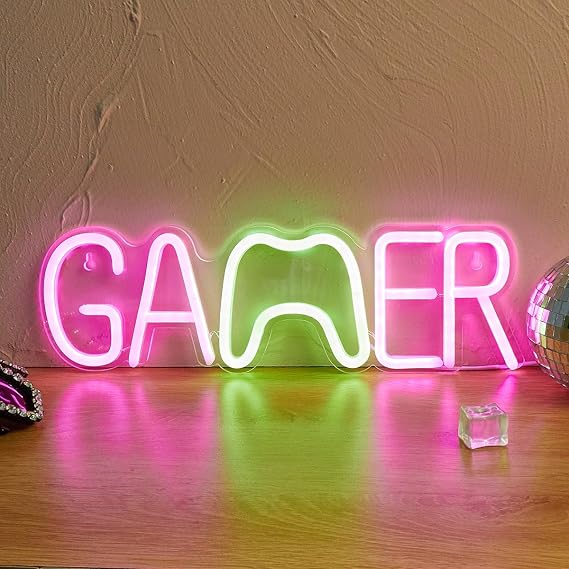 Gamer LED Neon Sign Cute Neon Lights for Room USB Powered Wall Mounted Neon Signs For Bedroom, 3D Wall Art & Game room Living Room Decorative Lighting Gift (green pink)