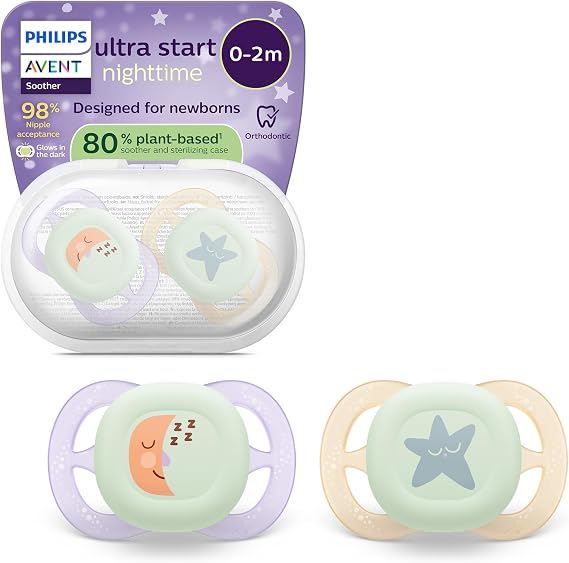 Philips Avent Ultra Start Nighttime Soothers - Orthodontic Design, for Newborns, Glow in The Dark, Soft Silicone Symmetrical Teat, BPA-Free, with Sterilizing Case, 2 Pack, SCF075/17