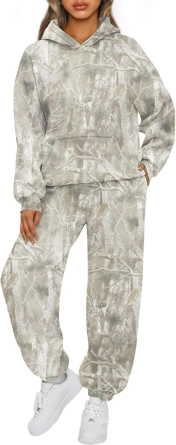 TERIVEEK Camo Sweatsuits for Women 2 Piece Outfits Maple Leaf Print Hoodie Sweat Sets Pants Camouflage Tracksuits Lounge sets