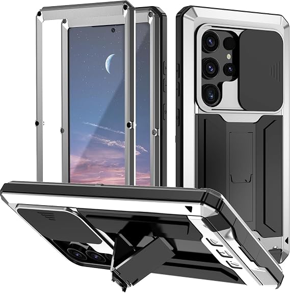 Compatible for Samsung Galaxy S24 Ultra 5G Metal Case,Outdoor Aluminum Metal Gorilla Glass Shockproof Military Heavy Duty Sturdy Protector Cover Hard Case with Screen Protector (Silver)