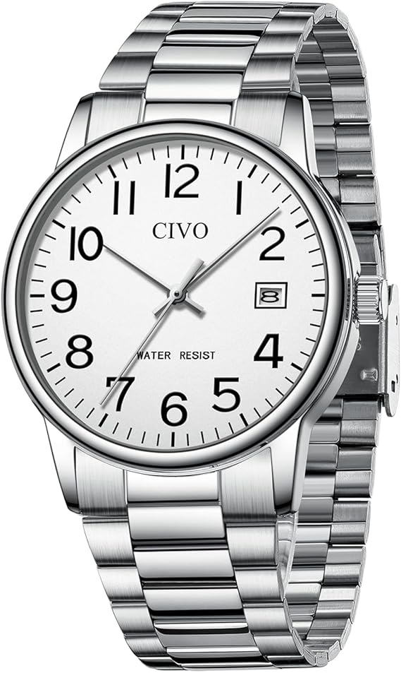 CIVO Men's Classic Analogue Wrist Watch: Waterproof Men's Watch Made of Stainless Steel with Date - Large Numbers Black Leather Strap Men's Watches Gifts for Men