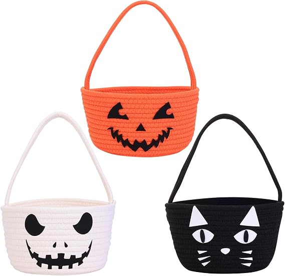 HOMIEE 3PCS Halloween Basket for Kids, Trick or Treat Basket, Cute Small Woven Pumpkin Candy Ghost Bucket Home Decor (Multicolor)