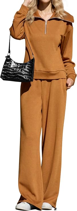 KFUBUO Women 2 Piece Fall Outfits Airport 2025 Wide Leg Pants Lapel Half Zip Sweatsuits Set Travel Casual Lounge Set