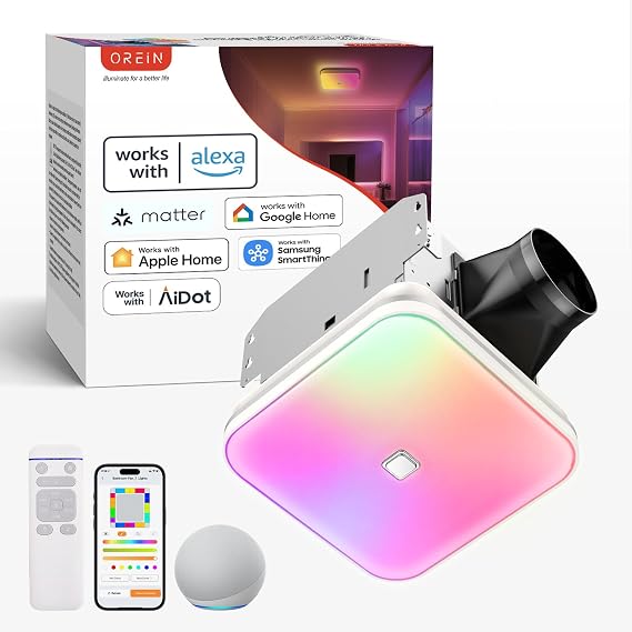 OREiN Matter Smart Bathroom Exhaust Fan with Light, 110 CFM Quiet Bathroom Fan, Tunable White 2700K6500K & RGB Mood Lighting, Easy Installation, Remote Control, No Speaker, Works with Alexa & Google