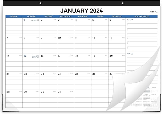 2024 Desk Calendar - 12 Months Large Monthly Desk Calendar, 17" x 12", Jan. 2024 - Dec. 2024, Desk Calendar 2024 with Corner Protectors, Ruled Blocks, To-do List & Notes - Blue