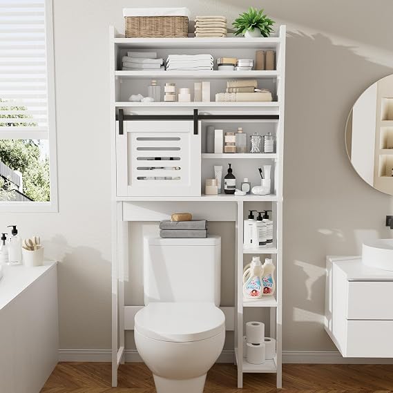 Over the Toilet Storage Cabinet, Bathroom Storage Cabinet Over Toilet with Sliding Doors, Freestanding Bathroom Cabinets Space Saver W/Adjustable Shelf, White