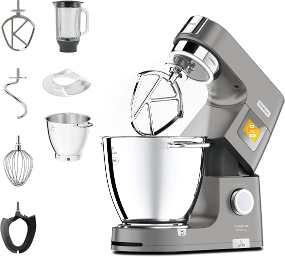 Kenwood Titanium Chef Patissier XL KWL90.034SI Food Processor with Integrated Scales & 7 L Mixing Bowl with Heat Function 1400 Watt incl. 4 Piece Patisserie Set Silver