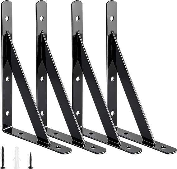 4 Pack Black Shelf Brackets Heavy Duty for Easy Installation 300mm | 12" Board Compatible, Triangle Design, Space Saving, 66lb, Right Angle, with Screws, Durable, for Living Room Kitchen Garage