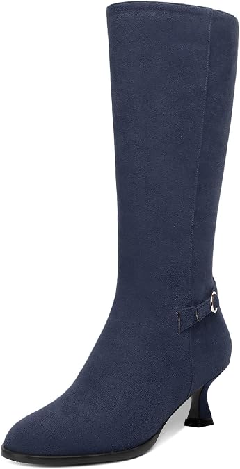 AMBELIGHT Womens Casual Round Toe Zip Suede Solid Dating Kitten Low Heel Mid Calf Boots 2 Inch