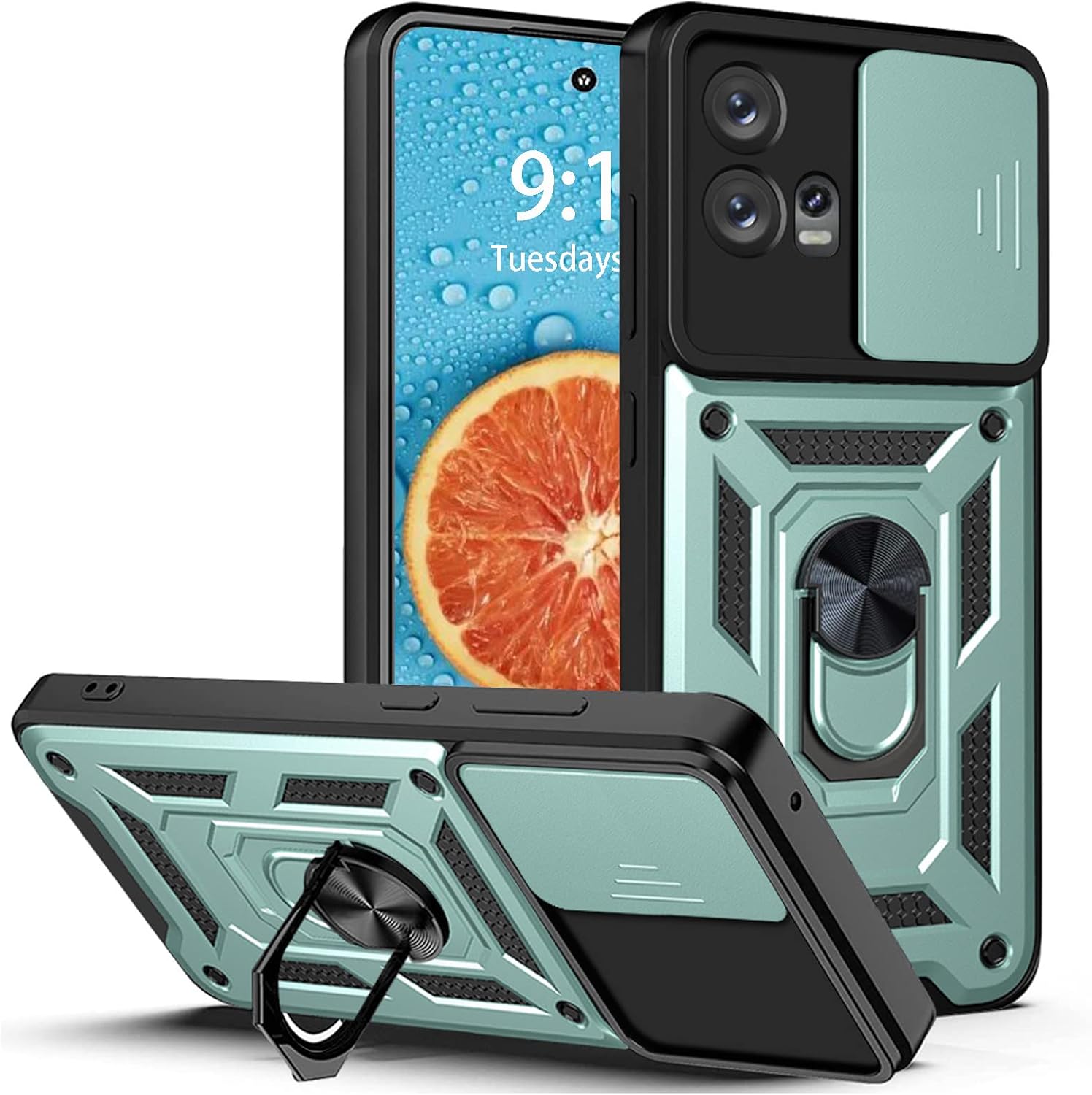 Case for Motorola Moto Edge 30 Fusion 5G with Camera Cover, Heavy Duty Rugged Shockproof Protection Phone Cases with Ring Kickstand for Motorola Moto Edge 30 Fusion 5G SJ Green