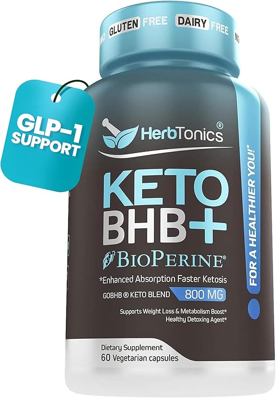 Herbtonics Keto BHB BioPerine Keto Pills, Exogenous Ketones for Ketosis Support, Weight Management, GLP1 Support, Energy & Mental Focus, Vegan Friendly NonGMO Formula. 60 Vegan Capsules