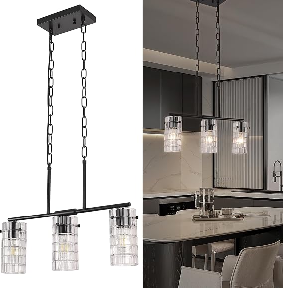 3 Lights Black Chandelier Glass Long Pendant Light Fixtures