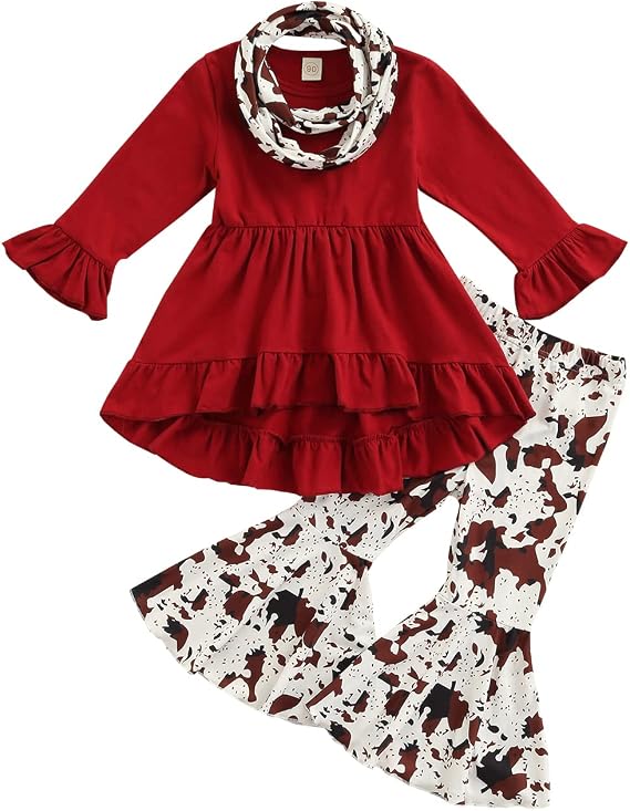 Toddler Baby Girl Clothes Long Sleeve Cow Print Outfit T-Shirt + Flare Pants Bell-Bottom Tie Dye Leggings Set 0-4T