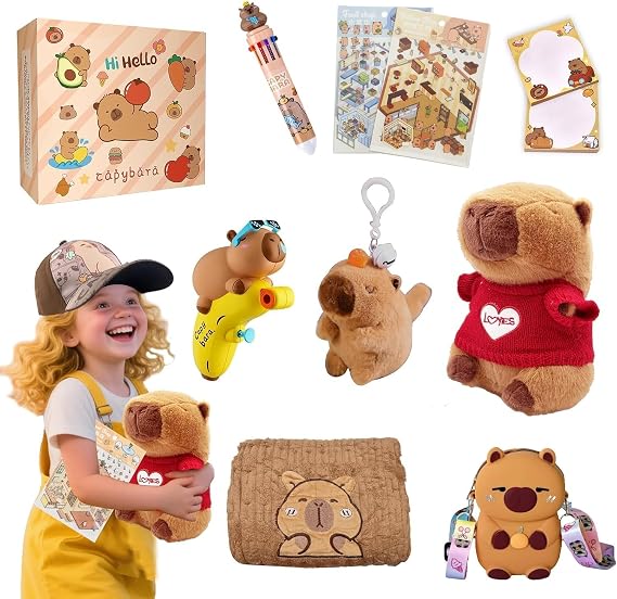 Capybara Plush Gifts for Girls & Boys Ages 4 5 6 7 8 9 10+ Kids Capybara Toys with Stuffed Animal/Keychain/Water Toy/Scene Sticker/Bag/Bath Towel/Cap, Gifts Set for Christmas Birthday