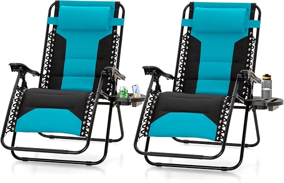 MAISON ARTS Foldable Zero Gravity Chair Set of 2, Cup Holder, 28" Seat Aqua