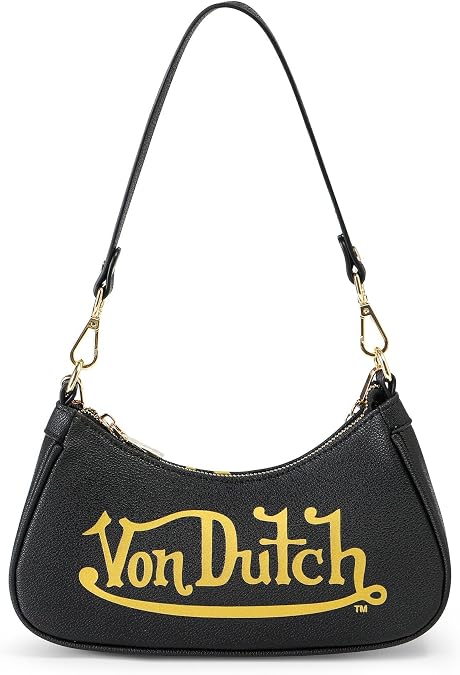 Von Dutch Womens Classic Shoulder Bag Stylish Handbag with Adjustable Strap, Spacious Interior, and Iconic Logo Design (Black and Gold)