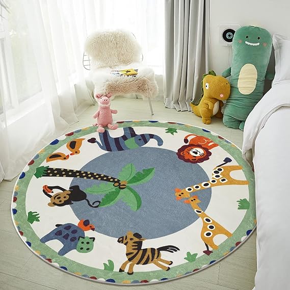 USTIDE Round Animals Kids Rug 4FT, Green Cartoon Floor Mat Kids Area Rug Soft and Non-Slip Carpet for Nursery Playroom Children Bedroom Living Room Decor