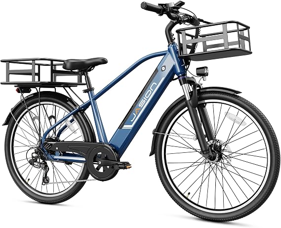 Jasion Roamer EBike for Commuting and Travel,1200W Peak Motor,28 MPH Max Speed,528WH Removable Battery Ebike, Front Suspension and 7-Speed Bicycle,Black,with Dual Disc Brake and Rear Basket