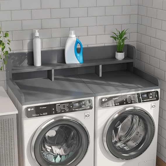 54" X 27.5" Washer and Dryer Countertop, Adjustable Laundry Countertop with Shelf, Extra Dividers, Folding Clothes Station, Over Machine Storage for Detergents & Essentials (Grey)