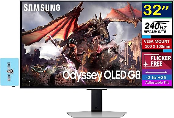 Samsung Odyssey OLED G8 (G80SD) 32" Gaming Monitor, 240 Hz 4K UHD Display, VESA Mount (100x100mm), Sleek Metal Design (2026 Latest Model - LS32DG802SNXZA) with Dockztorm Dock
