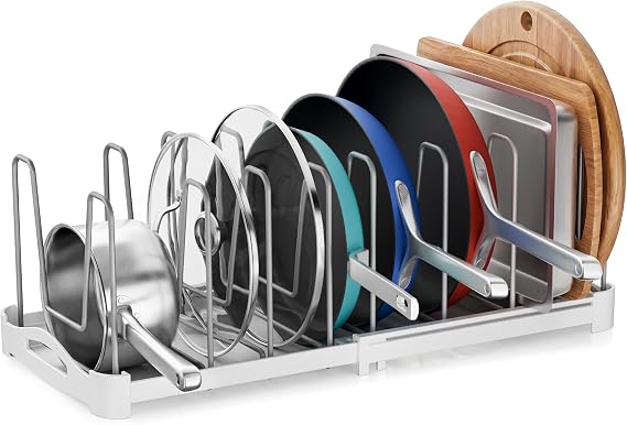 EVERIE Adjustable Cabinet Organizer for Pot Lids, Bakeware, Cookie Sheets & Cutting Boards, Upright Storage Rack for Kitchen Cabinet, Stable Dividers, 9.7" Deep, 12.6" to 21.5" Wide, GS02SS | 5mm Steel Dividers, Anti-Wobble, M-Slot for Lid Handles, BPA-Free, for Cutting Boards, Cookie Sheets, Bakeware
