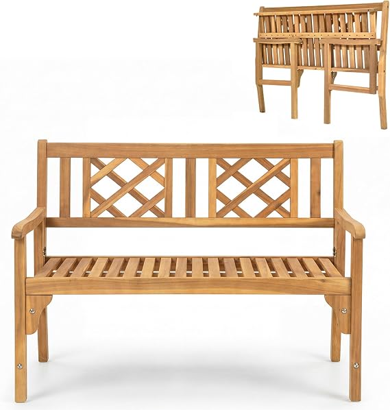 GIANTEX 4 Ft Foldable Outdoor Bench, Acacia Wood Outside Loveseat with Curved Backrest and Armrest, 705Lbs Weight Capacity, Garden Bench for Patio, Park, Porch, Balcony