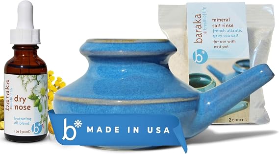 Baraka Ayurvedic Care Bundle - Neti Pot, Neti Salt & Dry Nose Oil - (Blue)