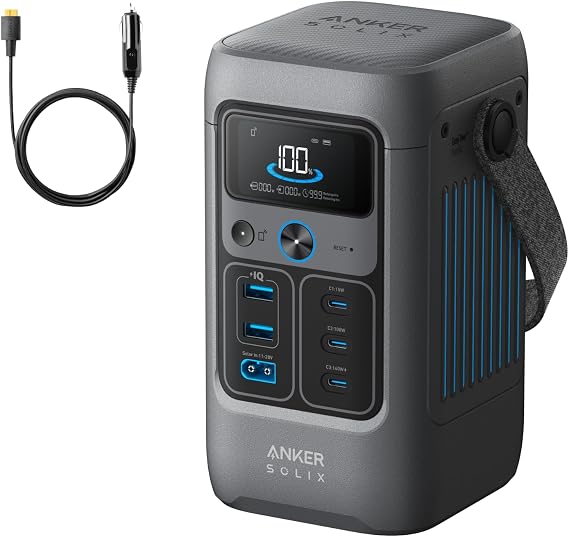 Anker SOLIX C200 DC Power Bank Station with Car Charging Cable, 192Wh Portable Power Station, LiFePO4 Battery, 200W Solar Generator, for Outdoor Camping, Traveling, and Emergencies.