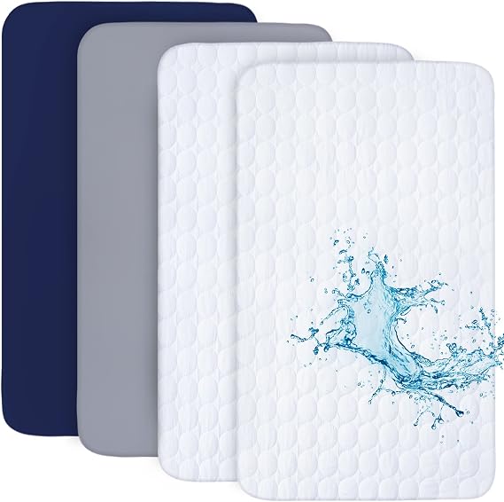 Crib Sheets & Mattress Protectors Set, 4-Pack, Grey & Navy