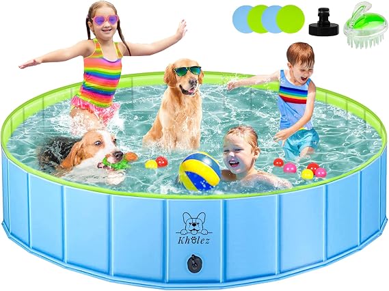 Dog Paddling Pool, Upgraded 160 x 30 cm Foldable Pet Swimming Pool W Bath Brush Outdoor Collapsible Kids bathtub, Kiddie Pool Children Doggie Wading Pool for Puppy Small Medium Large Dogs Ducks