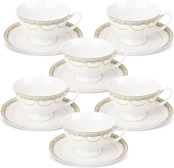 fanquare Blue Lace Teacup and Saucers Set with Gold Trim