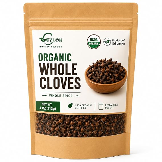 Ceylon Rustic Savour Organic Whole Cloves, USDA Certified Organic Cloves from Sri Lanka, Premium Aromatic Whole Clove Spice for Tea, Chai, Cooking, Baking, Potpourri & Spice Blends, 4 Oz