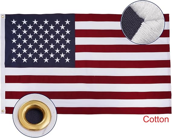 Bradford Cotton American Flag 4x6 feet Embroidered Star Cloth USA US Flags Soft Material, Heavy Duty United State Banner with 2 Brass Grommets for Outside 250th Anniversary