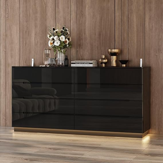 Black Drawer Dresser with LED Light, Modern High Gloss Long Dresser with 8 Drawers, 63" Double Storage Chest of Drawer for Bedroom, Living Room, Entryway