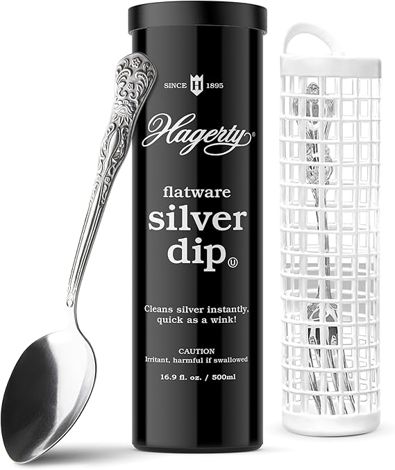 Hagerty Flatware Silver Dip - Silverware Cleaner with Basket for Silver Forks, Knives, Spoons, and Plates, Removes Tarnish Effortlessly - Black, 16.9 Fl Oz Container