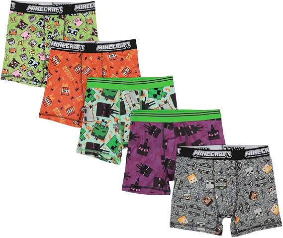 Bioworld Youth Boys Minecraft Boxer Brief Underwear 5-Pack - Pixelated Comfort for Gamers