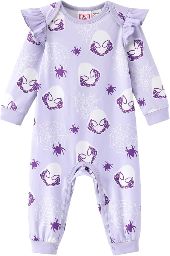 Disney Stitch Princess Minnie Winnie Marvel Baby Girls Ruffle Long Sleeve Romper Footie Outfit for Newborn to Toddler