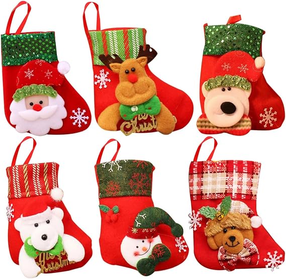 6 Pcs Mini Christmas Stocking,3D Santa Claus,Snowman,Elk,Christmas Tree,Small Christmas Hanging Socks for Xmas Tree,Fireplace,Home Decora,Random Color