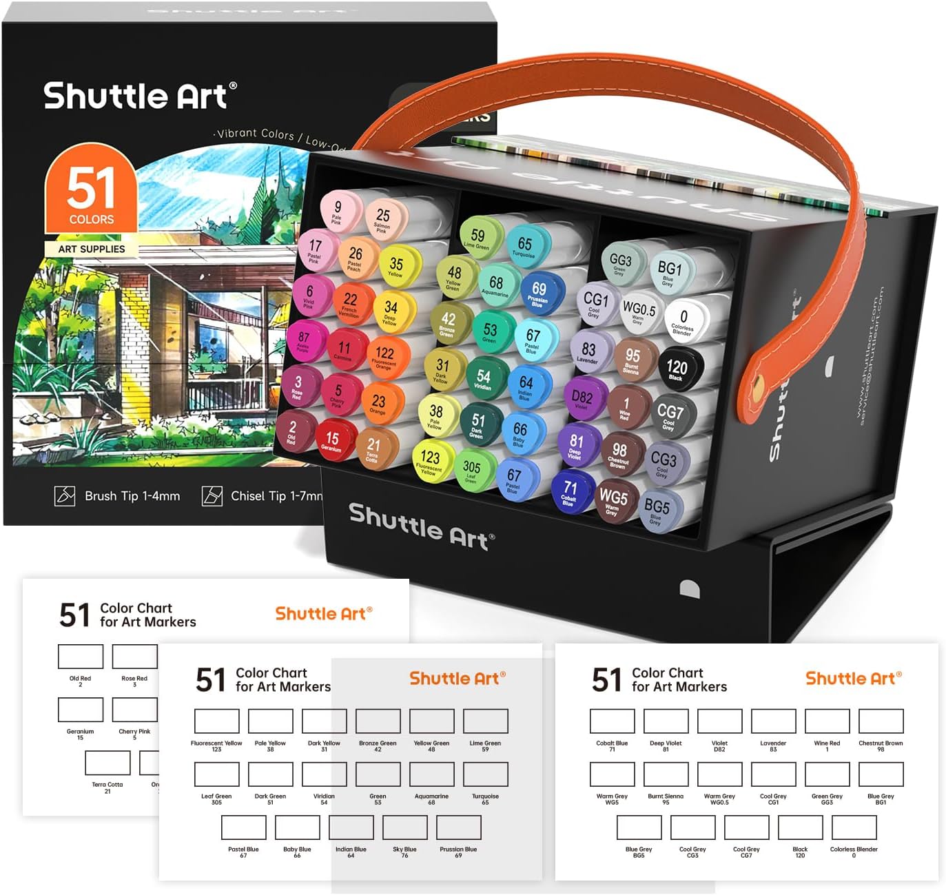 Shuttle Art 51 Colours Alcohol Markers Brush Tip, Dual Tip Art Pens and Colourless Blender, Brush & Chisel Felt Tip Pens with Case for Artists Adult Illustration Colouring Sketching Drawing