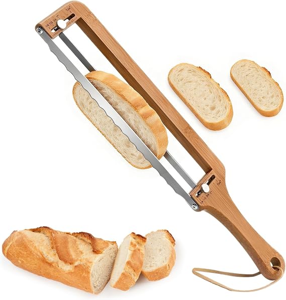 Bread Slicer for Homemade Bread, Adjustable Wooden Bread Knife with Thickness Guide, Manual Bow Cutter for Homemade Bread, Sourdough, Bagels and Baguettes, Ambidextrous Use