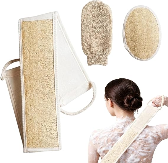 3Pcs Loofah Back Scrubber, Loofah Sponge, Shower Loofah for Exfoliating Skin, Includes Oval Loofah, Back Strap and Massage Glove