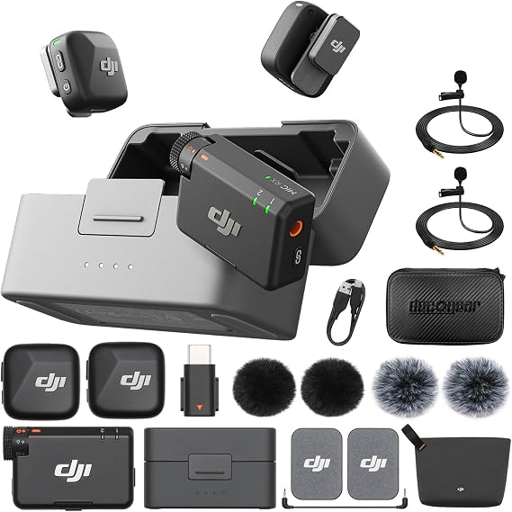 DJI Mic Mini (2 TX + 1 RX + Charging Case) Wireless Lavalier Microphone, Ultralight, Noise Cancelling, Up to 48-Hour Battery Life Bundle with 2 x Deco Gear Lapel Microphone and 5" EVA Case