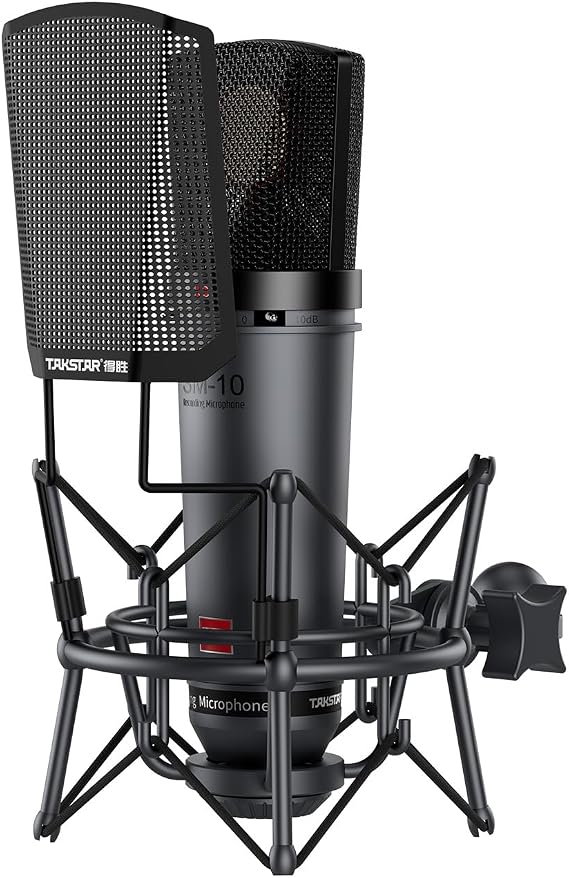 TAKSTAR SM-10 Cardioid Condenser Studio Mic with 34mm Gold Plated Diaphragm | 20Hz-20KHz Response, 140dB SPL,10dB & 100Hz Low-Cut, Ultra-Low Noise 20dBA, Shock Mount & Pop Filter, 48V Required
