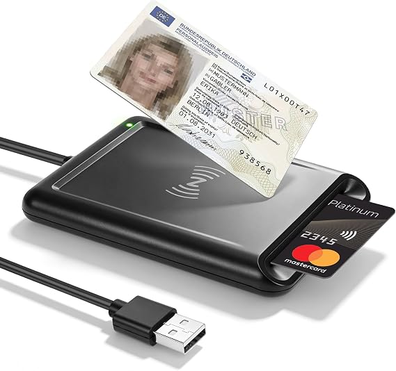 2-in-1 Smart Card Reader USB-A with NFC - Contactless & Contactless (ISO 7816/14443) Plug & Play Compatible with Windows/Linux/Mac (Not for Android) for ID Cards & Bank Cards 95 cm Cable