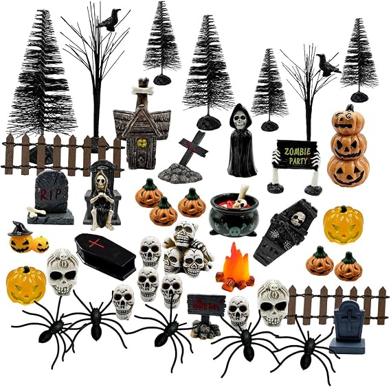 Suartus Halloween Village Accessories Ornaments - 46Pcs Miniature Pumpkin Skeleton Tombstones Spider Pinetrees Figurines Resin Horror Village Mini Halloween Figurines for Hallowmas Town Party Decor