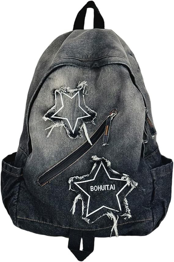 Denim Backpack Y2K Backpack Lightweight Travel Denim with Multi-Pocket Retro Jean Large Star Bag for Students and Adults