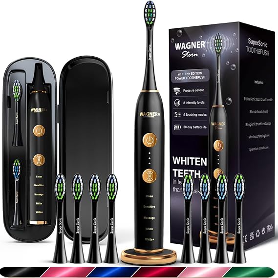 Wagner Stern WHITEN+ Electric Toothbrush, 48,000 VPM, Pressure Sensor, 5 Modes, 8 Brush Heads, Travel Case