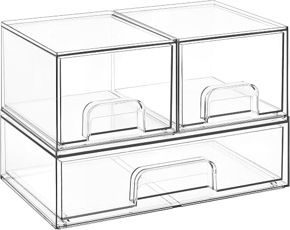 Vtopmart 3 Pack Clear Small Stackable Storage Drawers, Acrylic Bathroom Makeup Organiser, Plastic Storage Box For Vanity, Under Sink, Kitchen Cupboard, Pantry, Home Organization