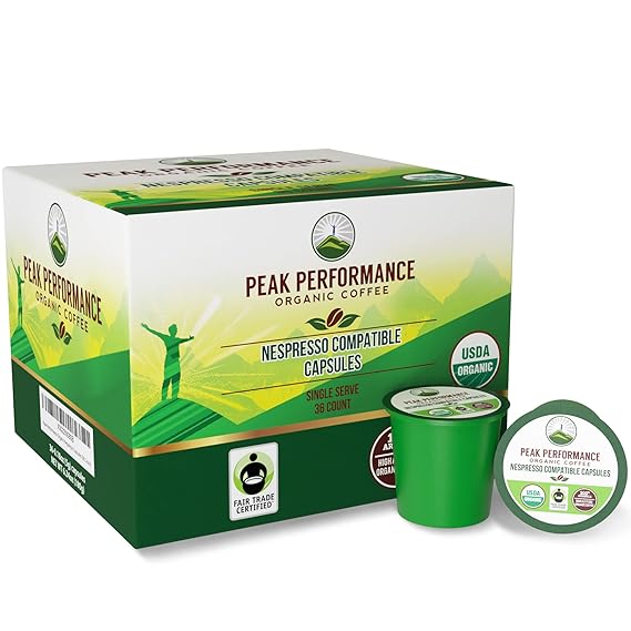 Peak Performance Organic Capsules for Nespresso Machines - Fair Trade, Low Acid, Organic Espresso Coffee Pods (36 Count) Compatible with All Nespresso Capsule Brewers - Medium Roast Single Serve Pod