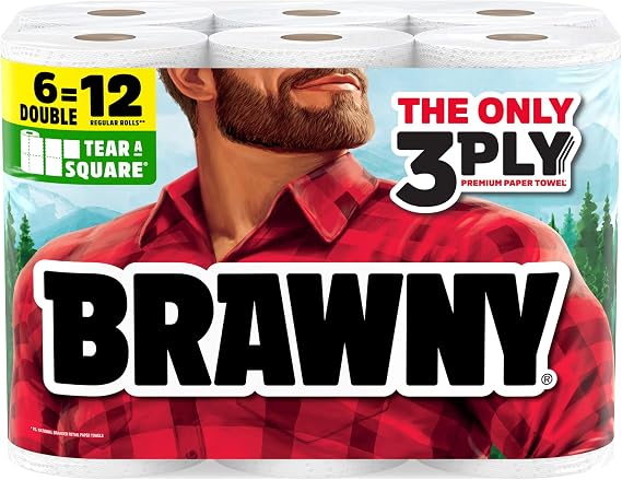 Brawny Tear-A-Square 3-Ply Paper Towels, 6 Double Rolls = 12 Regular Rolls